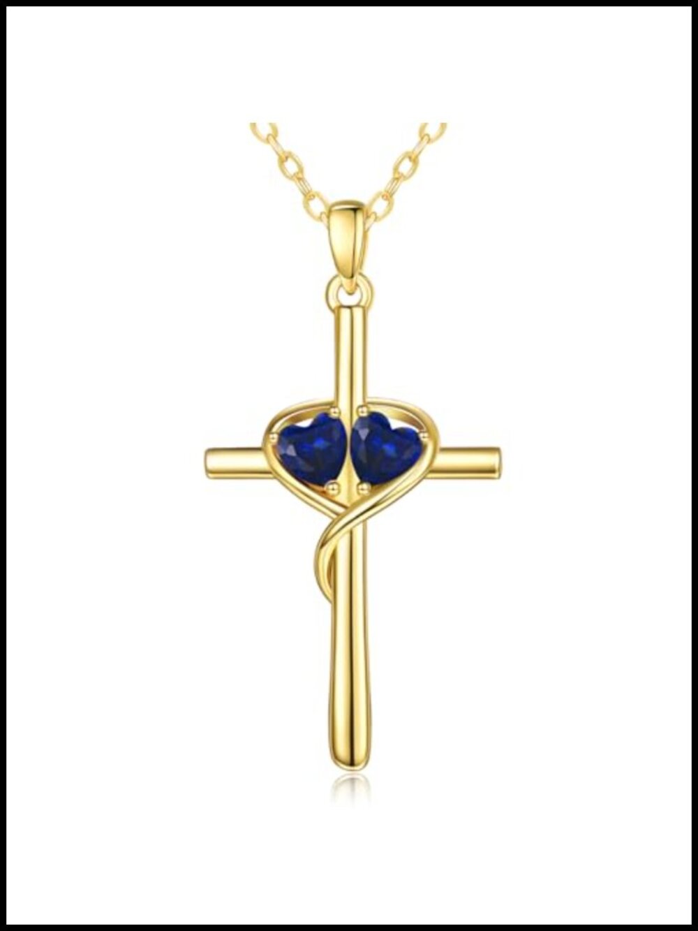 14K Gold Cross Necklace Double Heart Birthstone Pendant O-Chain